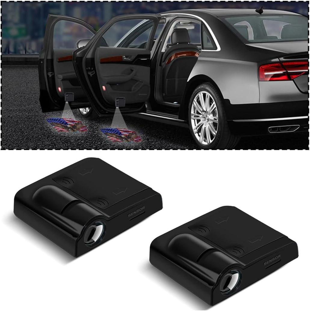 2Pcs Car Door Projector Lights, Wireless LED Welcome Lamp, Red Flag