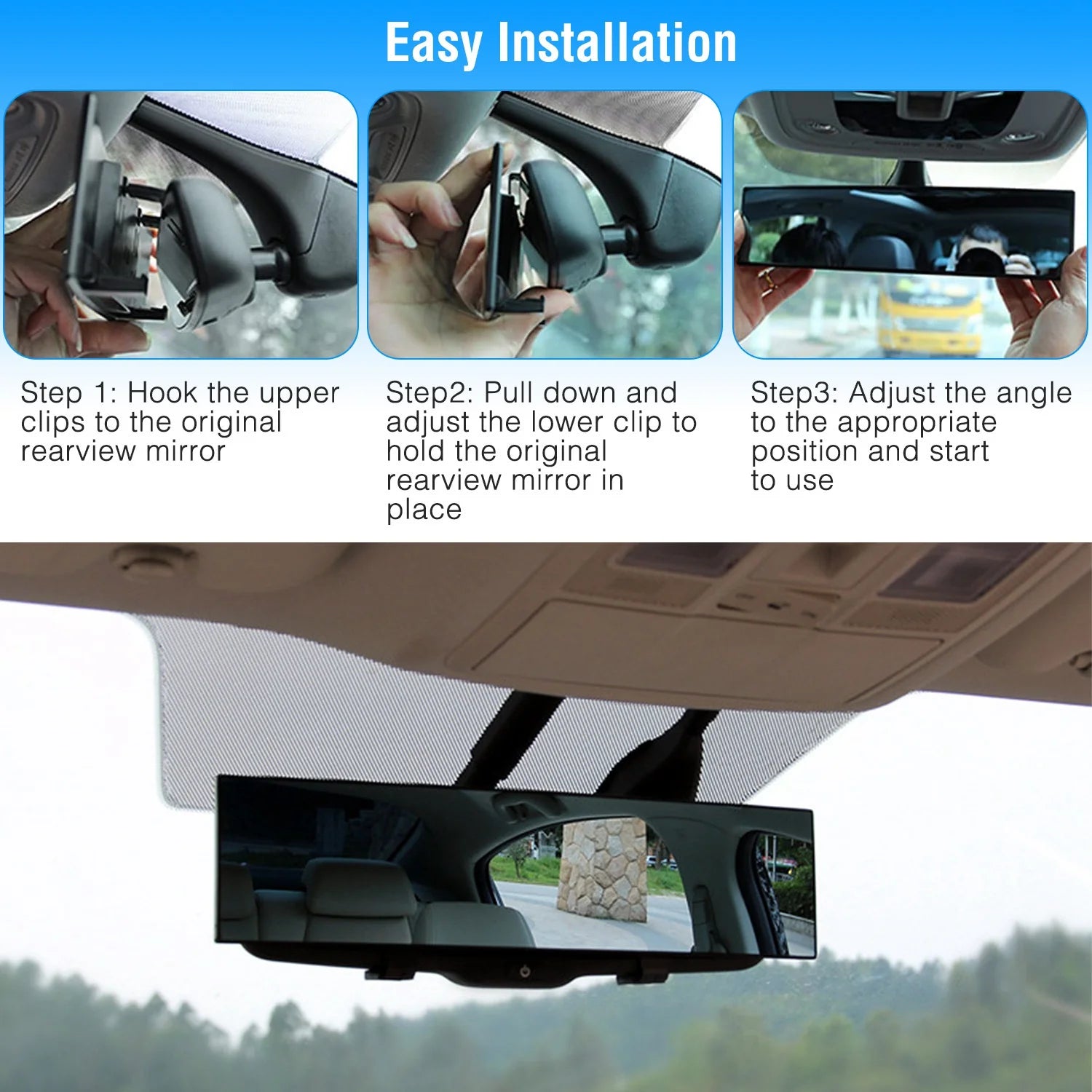 Car Rearview Mirror 11.4In Interior Clip-On Curve Convex Panoramic Anti-Glare Rear View Mirrors with Wide Viewing Range for Cars Suvs Trucks Vehicles