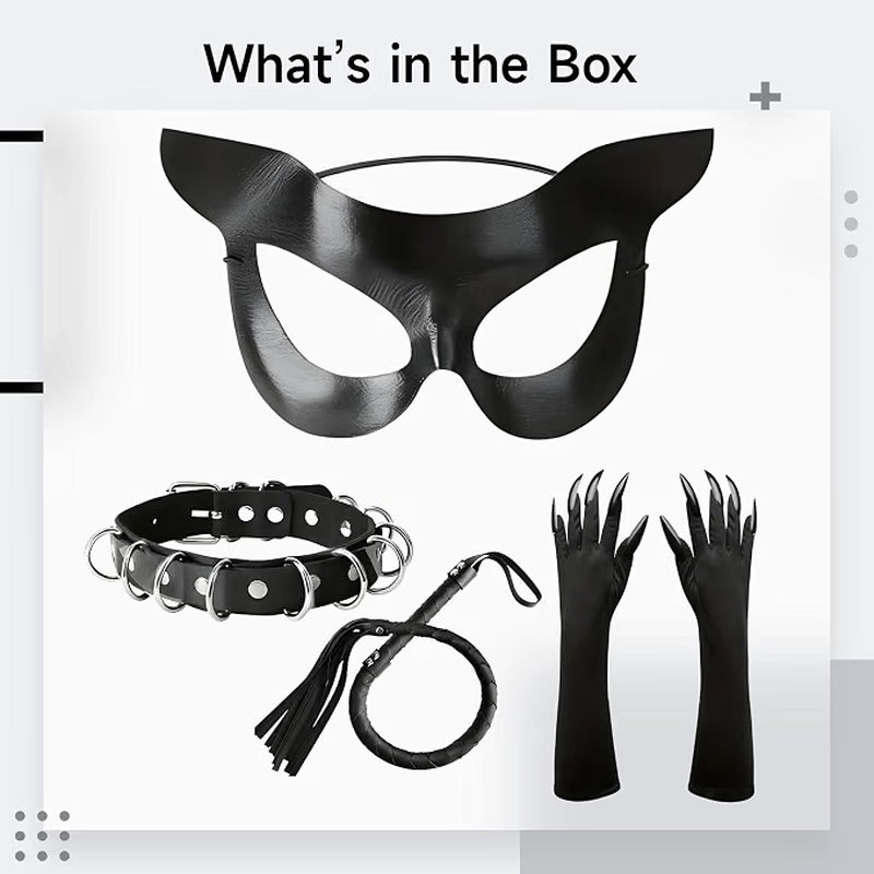 4-Piece Cat Mask Costume Set, Necklace, Whip & Luminous Halloween Gloves