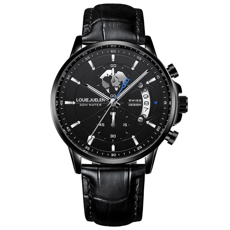 Belushi New Fashion Business Three-Eye Chronograph Genuine Leather Luminous Watch Steel Band Personalized Luxury Watch for Men