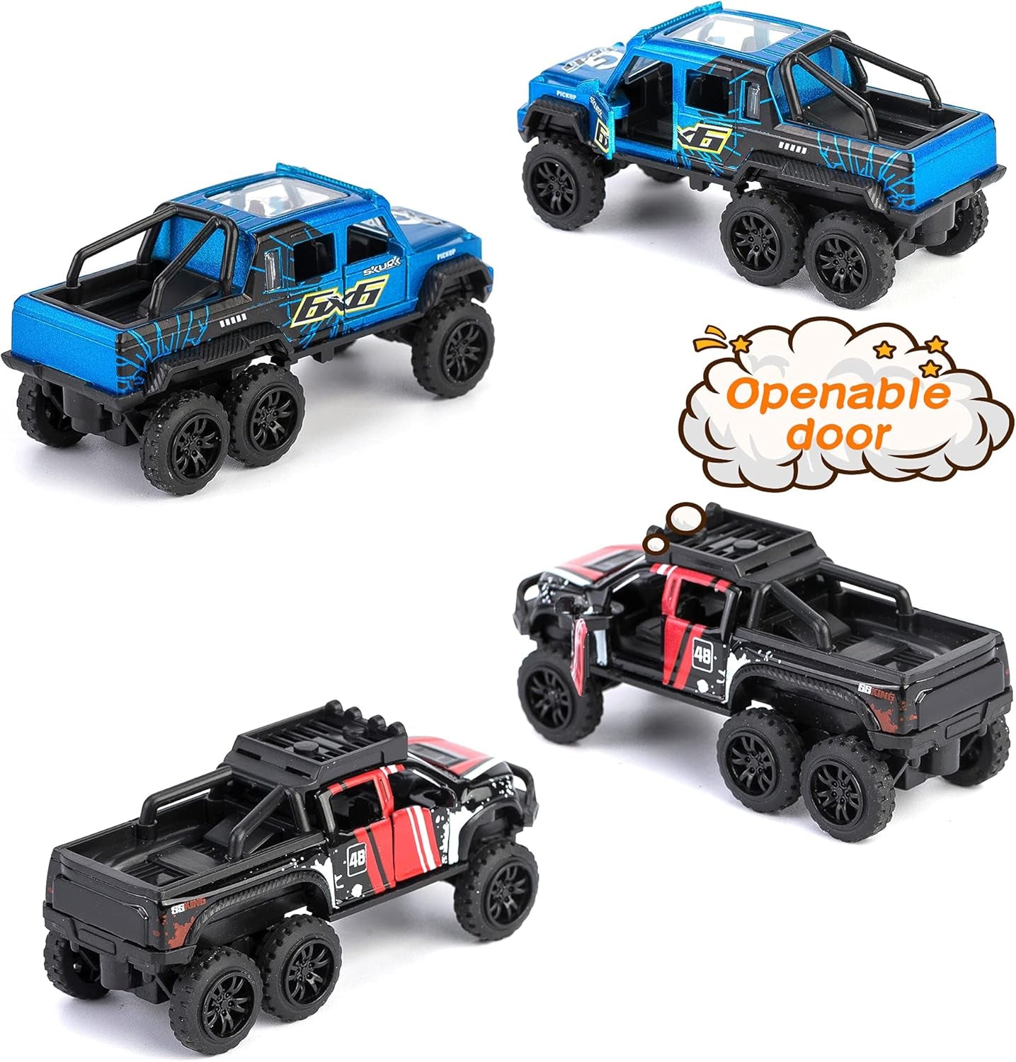Pick-Up Trucks Open Door Die Cast Metal Toy Cars Pull Back 4 Pack