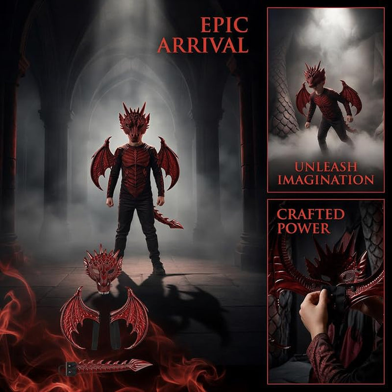 3 Pcs Dragon Costume, Red Halloween Dragon Costume with 3D Wings, Face Cover & Tail for Cosplay Parties