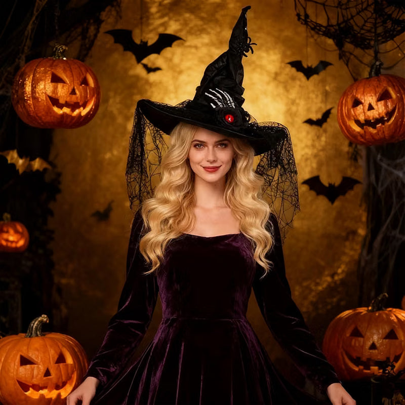 Halloween Witch Hat, Black Lace Gothic Witch Hat with Spider & Skull Decor for Cosplay Parties
