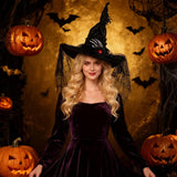 Halloween Witch Hat, Black Lace Gothic Witch Hat with Spider & Skull Decor for Cosplay Parties