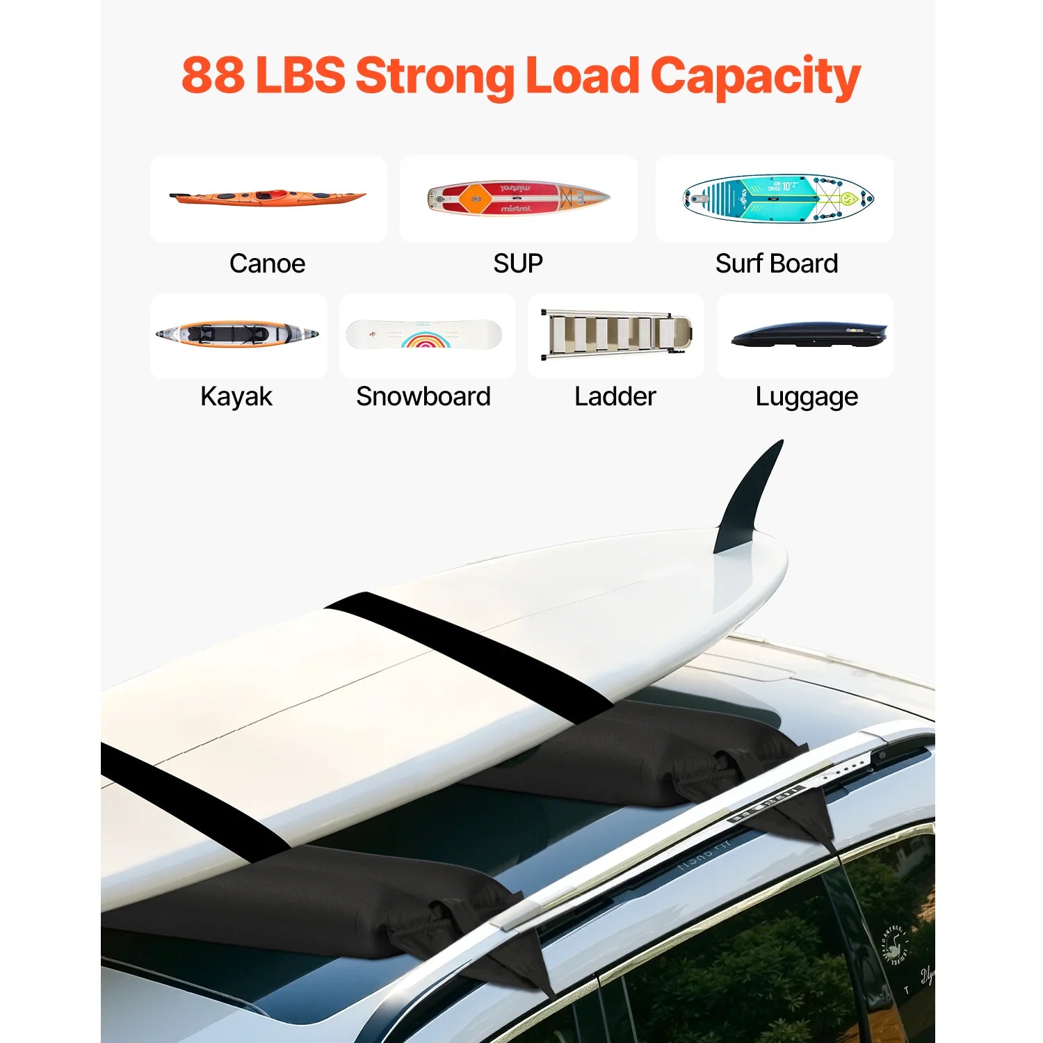 Inflatable Soft Roof Rack Bars, 37.6-Inch Universal Car Roof Rack Pads, 88LBS Loading Luggage Kayak Carrier with 2 Tie-Down Straps & Ropes, Hand Air Pump, Storage Bag for Canoes Surfboards Sups