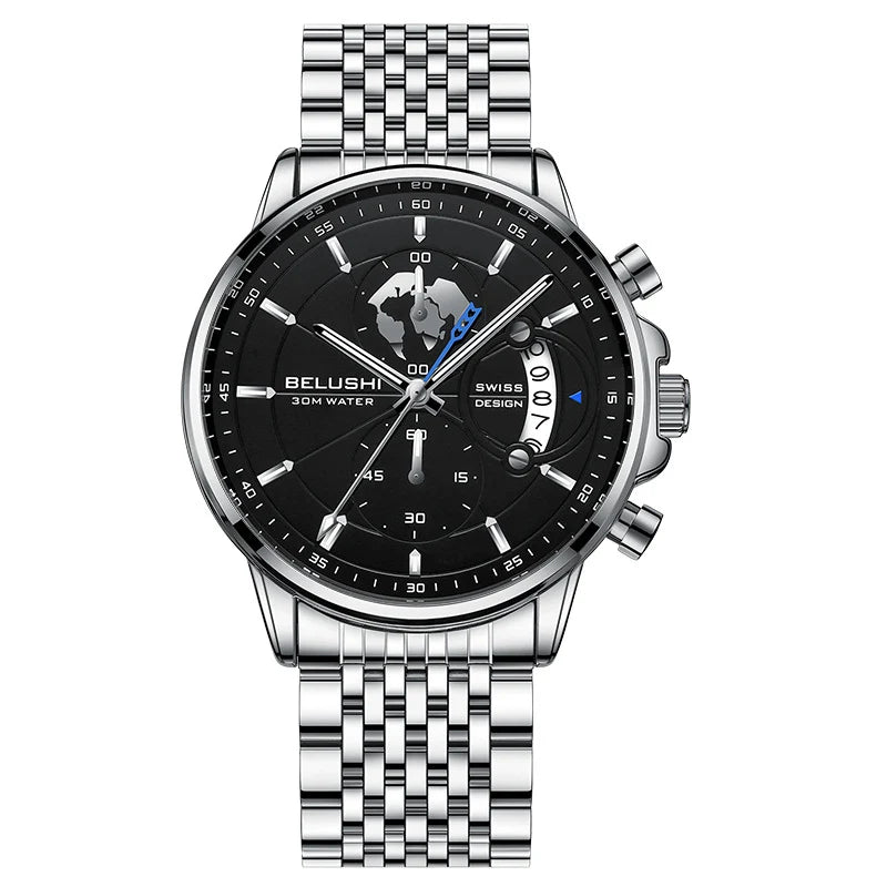 Belushi New Fashion Business Three-Eye Chronograph Genuine Leather Luminous Watch Steel Band Personalized Luxury Watch for Men