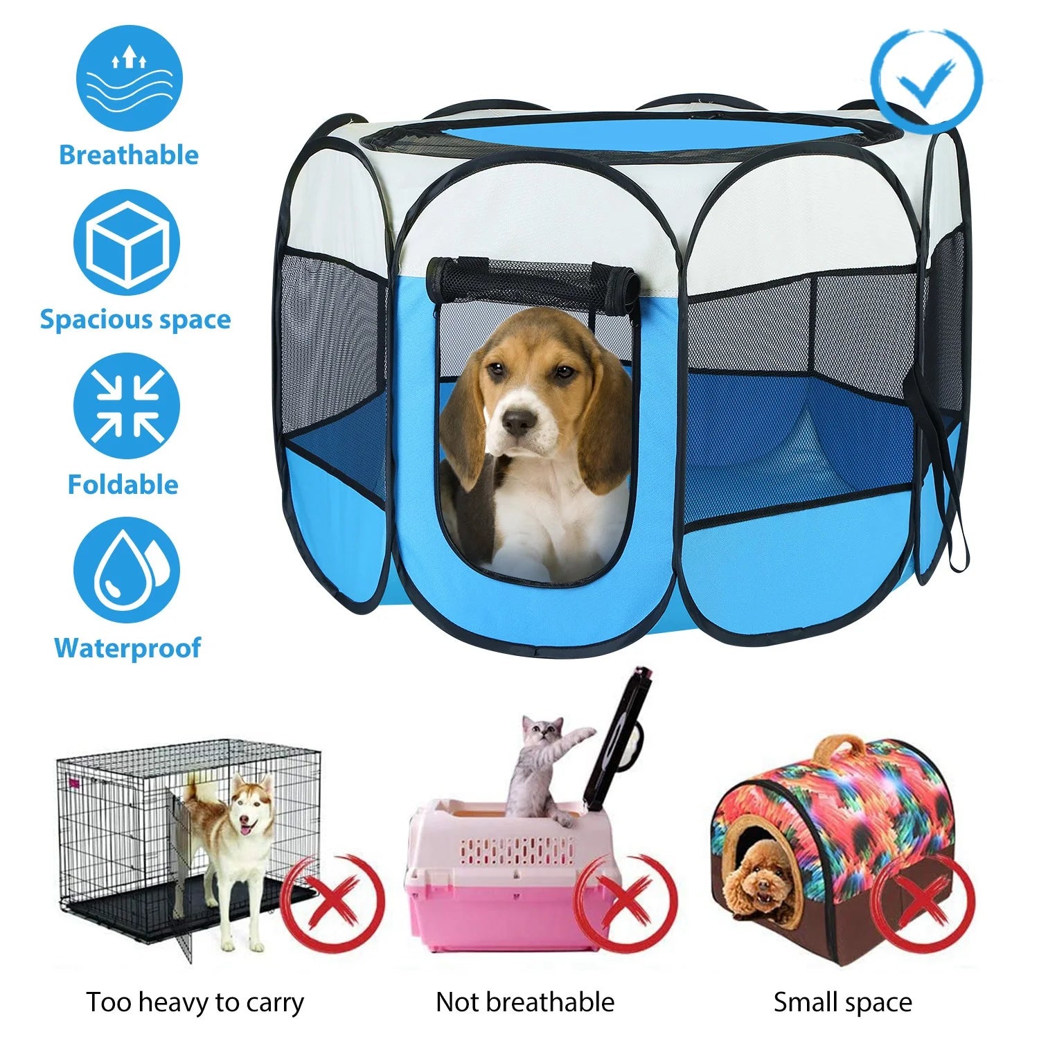 Pink-Blue Options -- 1Pc Portable Foldable Pet Tent Exercise Pen Kennel Removable Zipper Top and Bottom Water Resistant Indoor Outdoor Use for Dogs Cats Other Pets