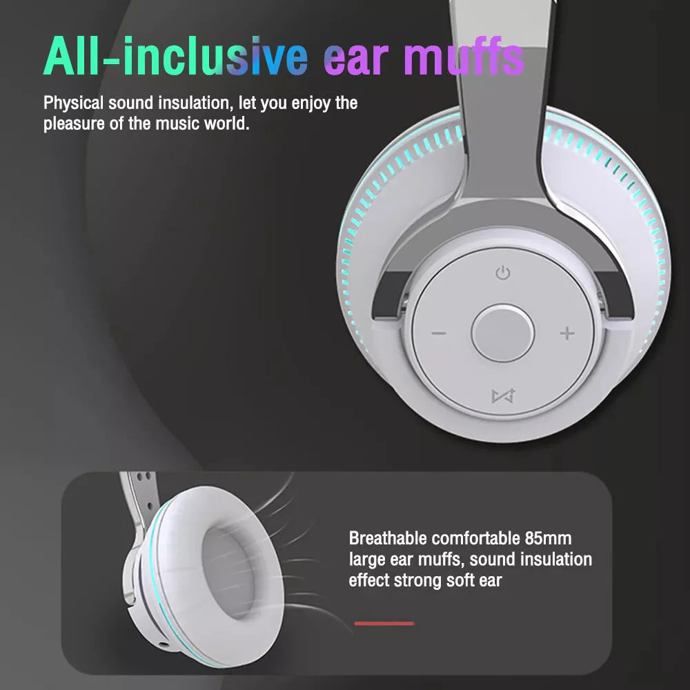 Wireless Bluetooth 5.1 Headphones over Ear LED Headset Stereo Noise Cancelling