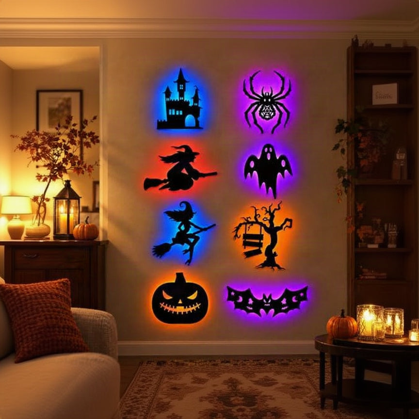 Halloween LED Window Lights, 8-Piece Bat and Witch Wall Decorations，Black：3