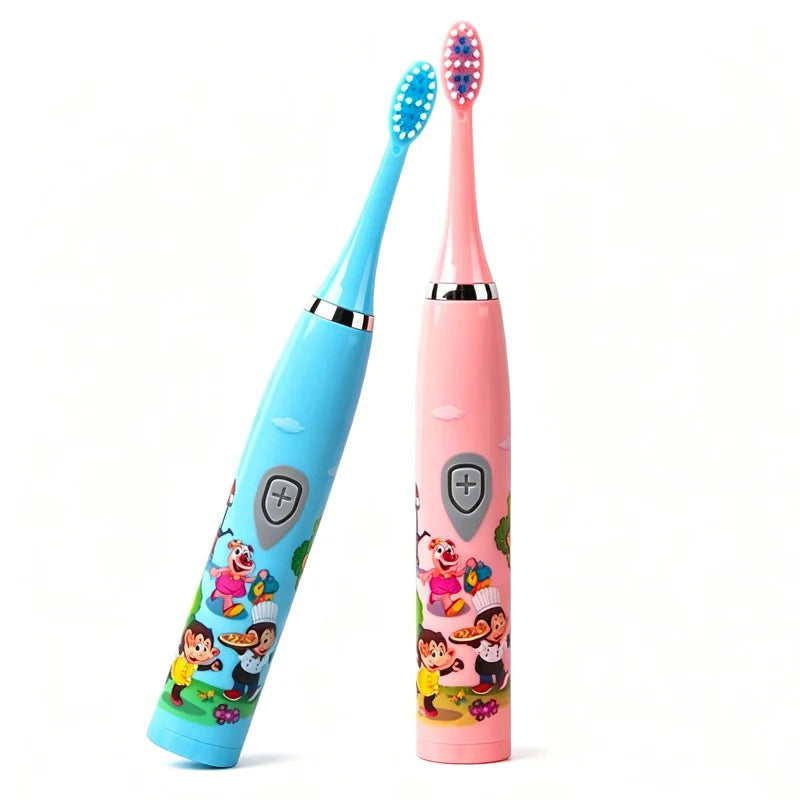 Children Sonic Electric Toothbrush IPX6 Waterproof Colorful Cartoon for Kid Use Soft Bristle Replaceable with 6 Tooth Brush Heads
