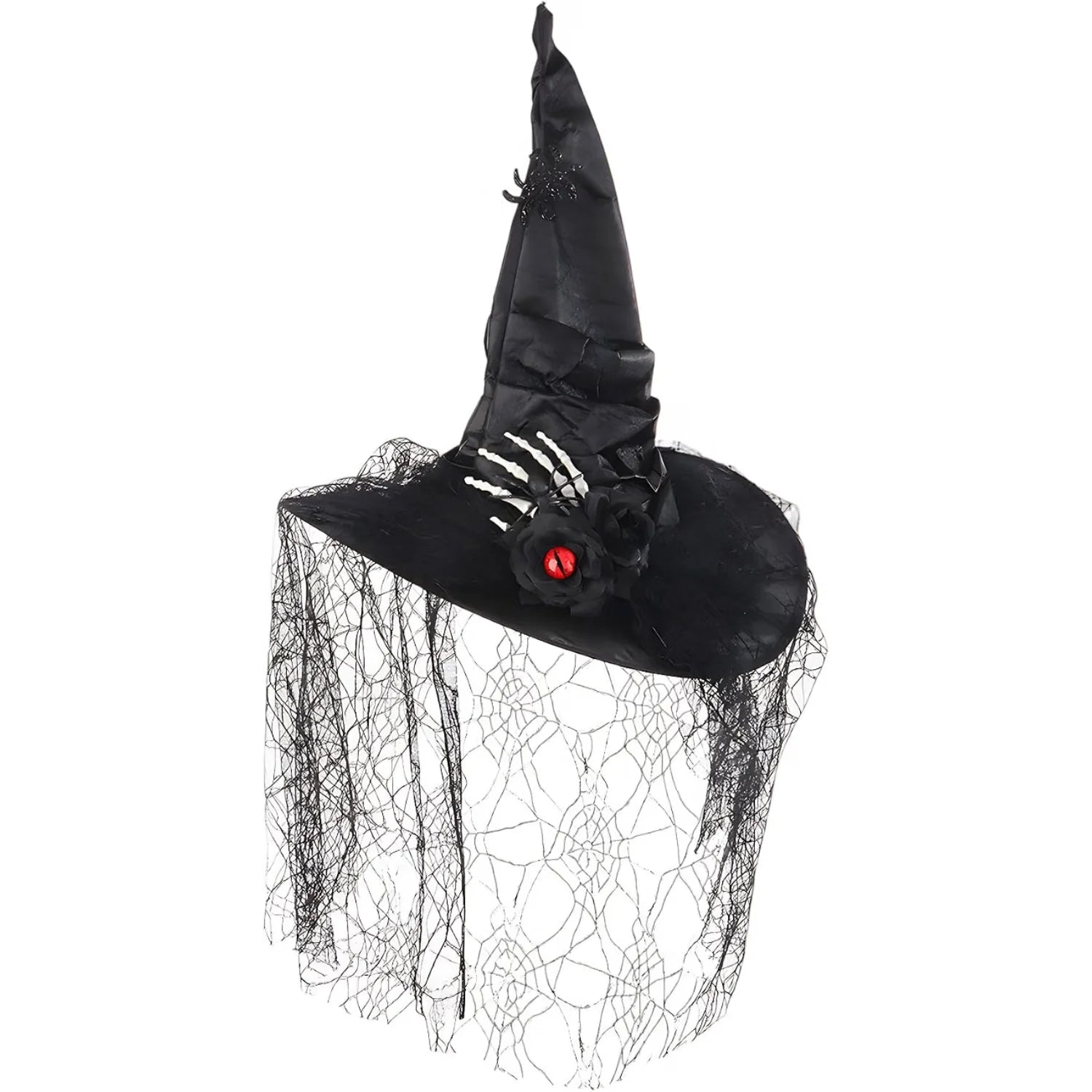 Halloween Witch Hat, Black Lace Gothic Witch Hat with Spider & Skull Decor for Cosplay Parties