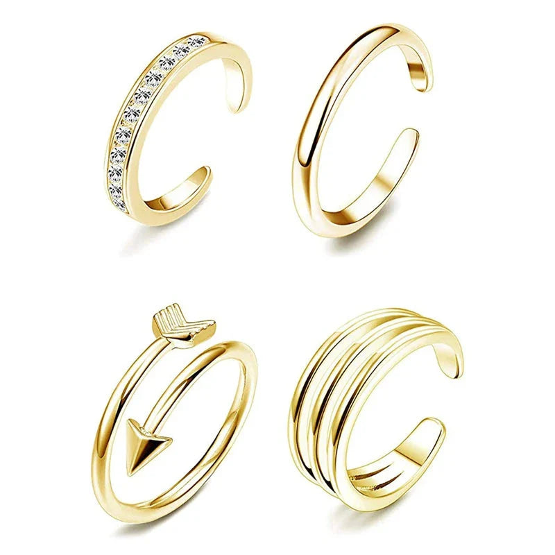 4Pcs Simple Alloy Crystal Foot Ring Adjustable Opening Toe Ring for Women Girl Summer Beach Vacation Jewelry Finger Ring