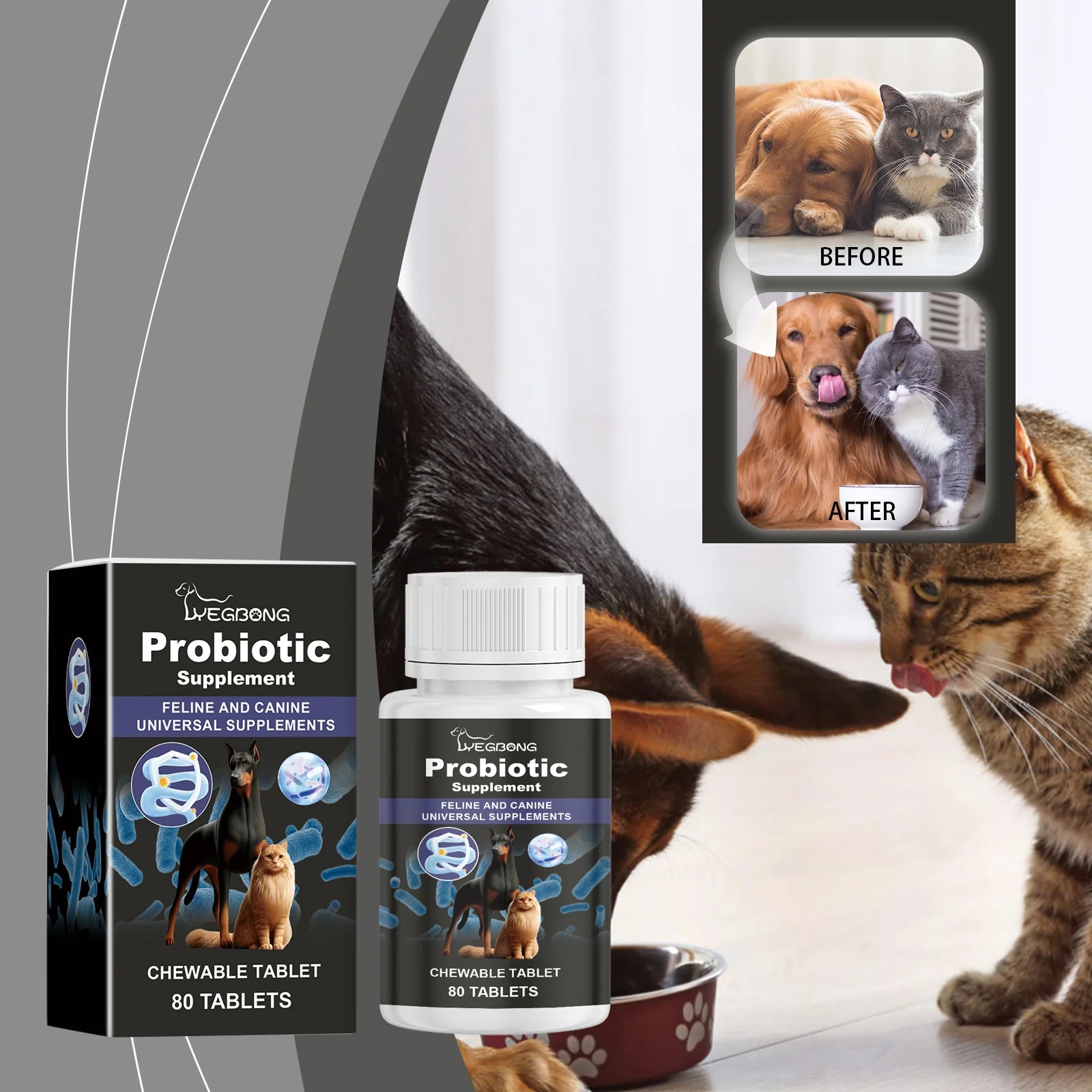 Pet Probiotic Chewable Tablets for Dogs & Cats Digestive Health Support, Immune Booster with Vitamin B2 & Yeast Selenium, 80 Tablets