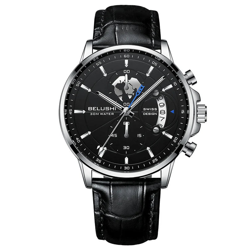 Belushi New Fashion Business Three-Eye Chronograph Genuine Leather Luminous Watch Steel Band Personalized Luxury Watch for Men