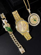 Men'S Hip Hop Rhinestone Decorated Watch & Bracelet & Necklace, Luxury Quartz Watch with Date Display, Fashion Watch Set for Party, Daily Decor, Exquisite Watch Set for Gift