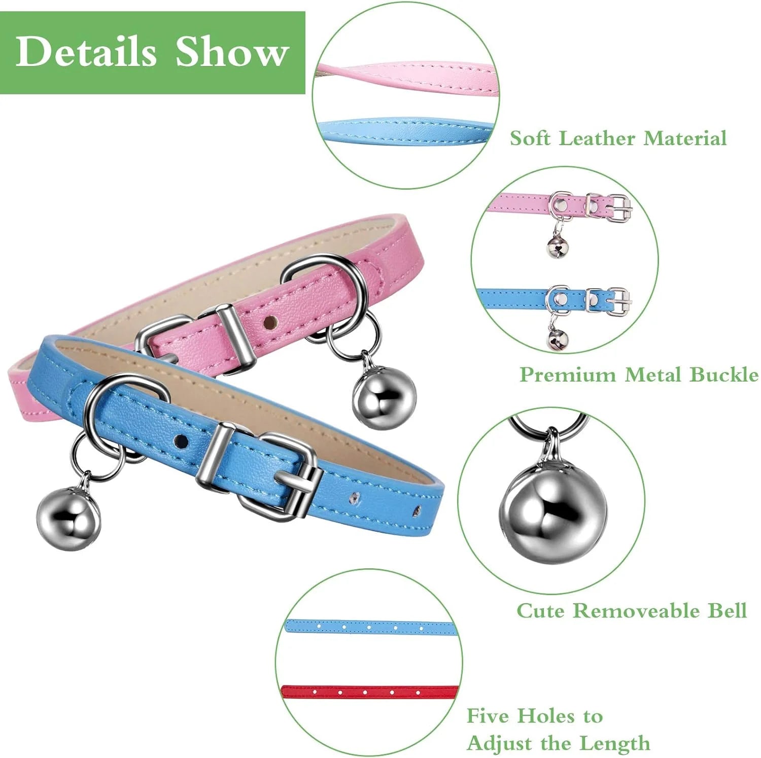 6 Pieces Leather Cat Collar with Bell Cute Pet Leather Kitten Collar for Boy Girl Cats with Safety Elastic Strap for Small Kitten Puppy