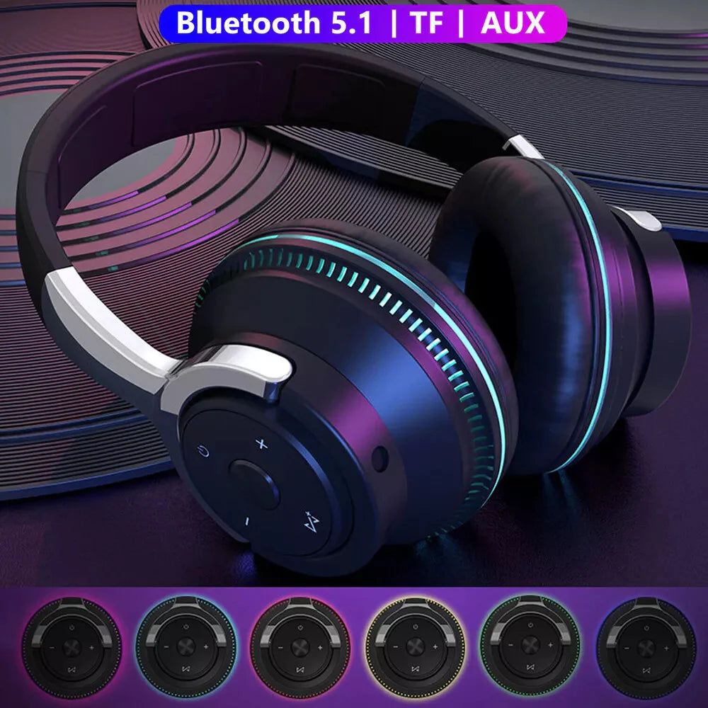 Wireless Bluetooth 5.1 Headphones over Ear LED Headset Stereo Noise Cancelling