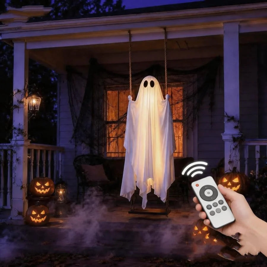 Large Pre-Assembled Hanging Swing Ghost with Timer Remote Lights Strings