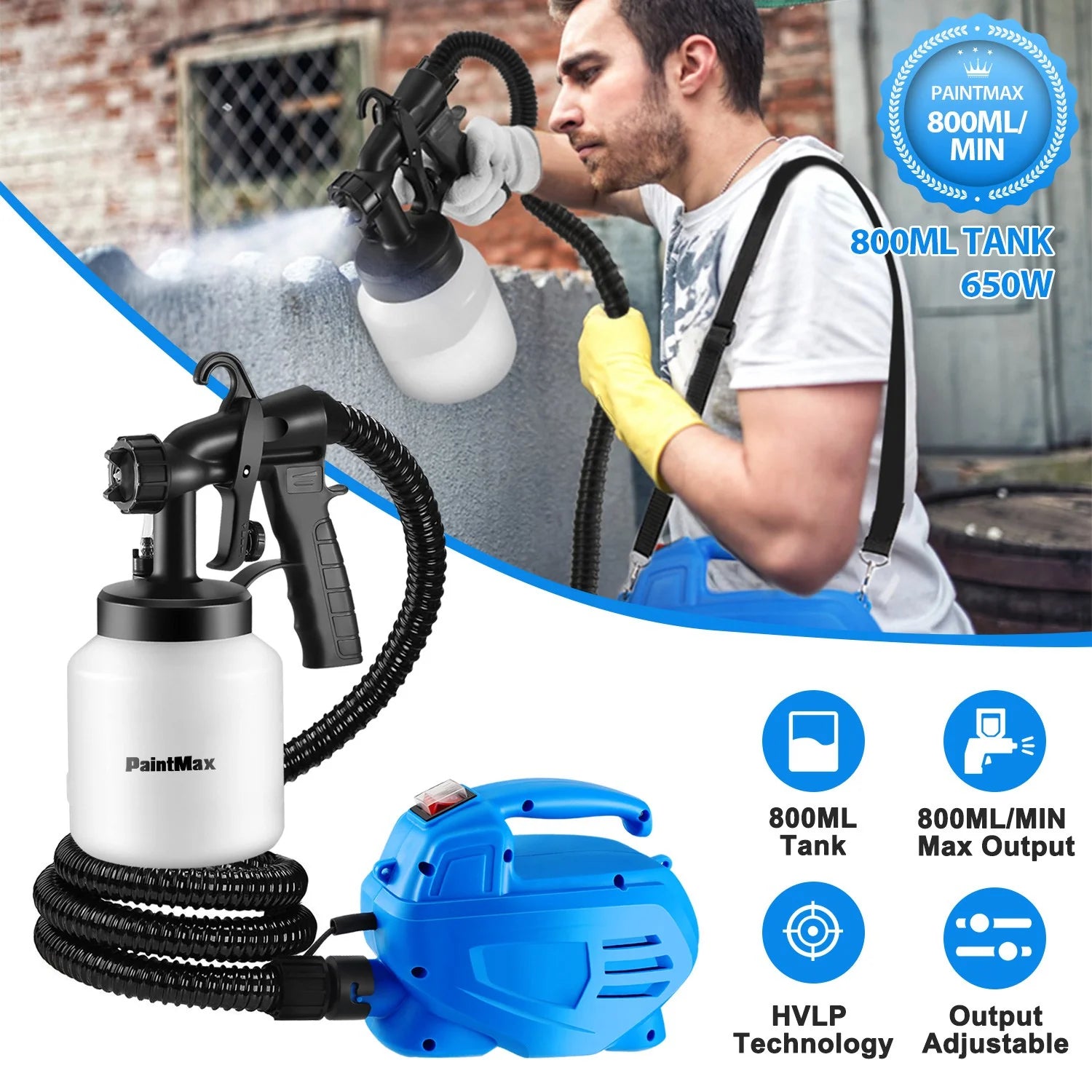 800ML Paint Spray Painter for Spring 650W Paint Sprayer Machine 800ML per Min Output Oil Primer Water Sprayer with 3 Spraying Patterns Motor Strap Detachable Container Home Garden Decoration