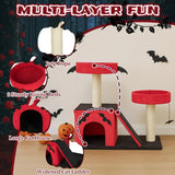 Halloween Cat Climbing Frame Gothic Cat Tree, Cat Tower with Spacious Cat Condo, 2 Padded Perches, Spider Toy, Scratching Posts, Scratching Ladder for Large Cats, Red & Black