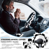 3PCS Furry Cow Print Steering Wheel Cover,Auto Plush Cute Cows Shift Gear & Hand Brake Covers Soft Warm Universal Car Interior Accessories for Women Men(Black)