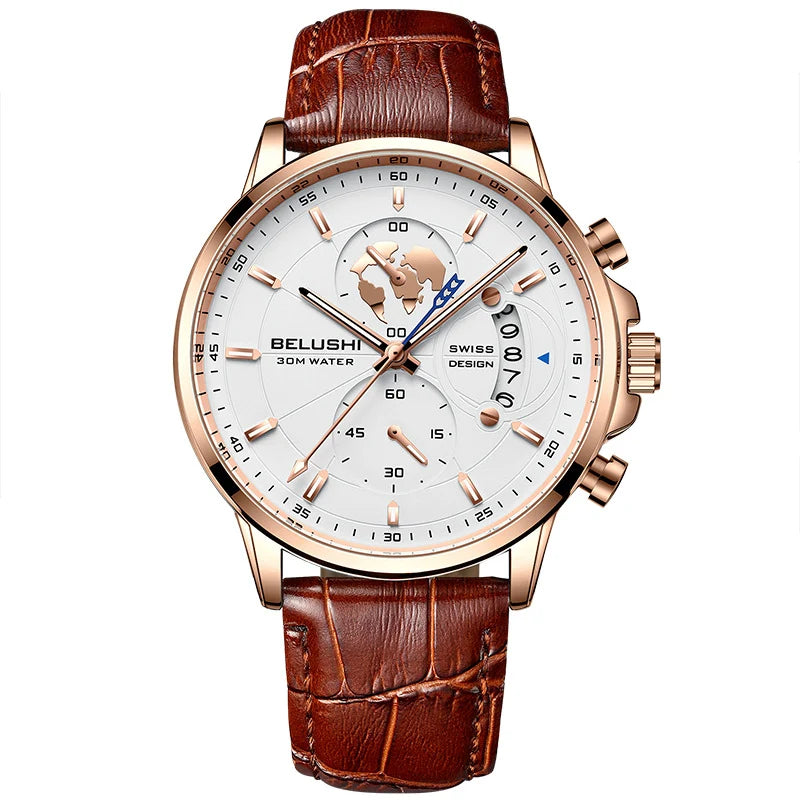 Belushi New Fashion Business Three-Eye Chronograph Genuine Leather Luminous Watch Steel Band Personalized Luxury Watch for Men