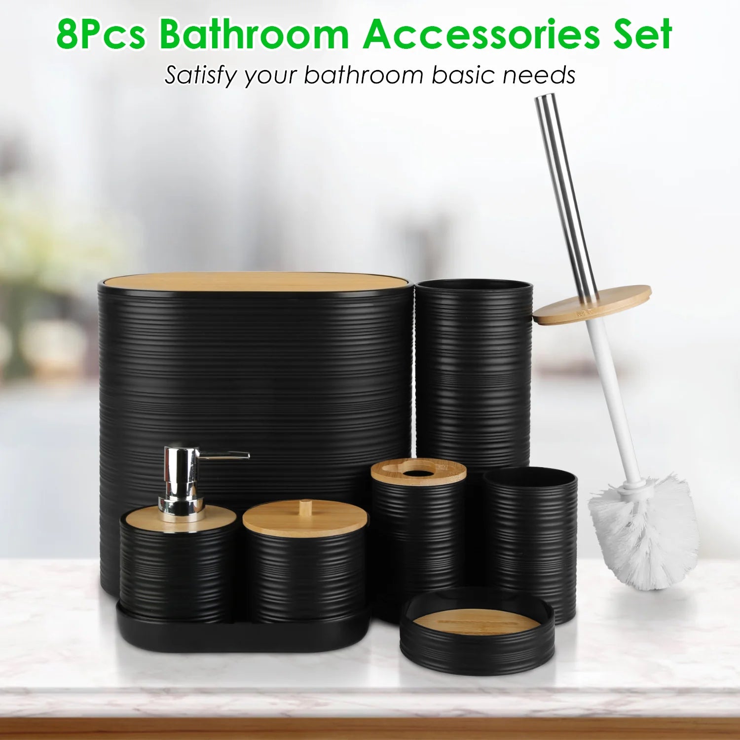 5 Colors Options -- Set of 8Pcs Bathroom Accessories Set Bathroom Holder Set with Soap Dispenser Toothbrush Holder Cup Soap Dish Toilet Cleaning Brush Trash Can Qtip Holder Vanity Tray for Home