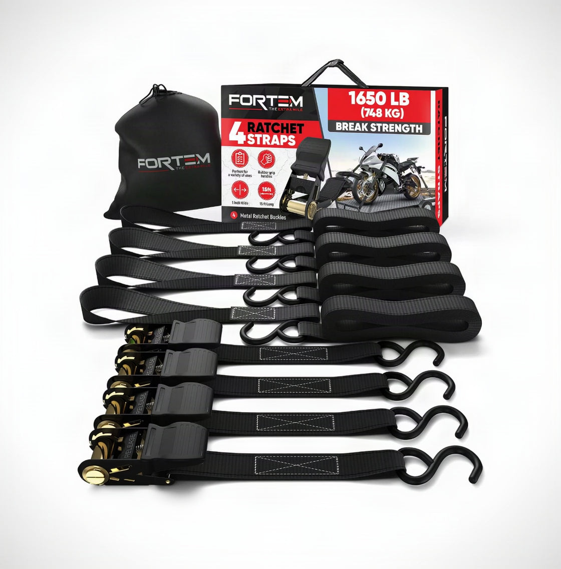 Ratchet Straps - Tie down Strap Set, 4 Pack, 1650Lb Break Strength