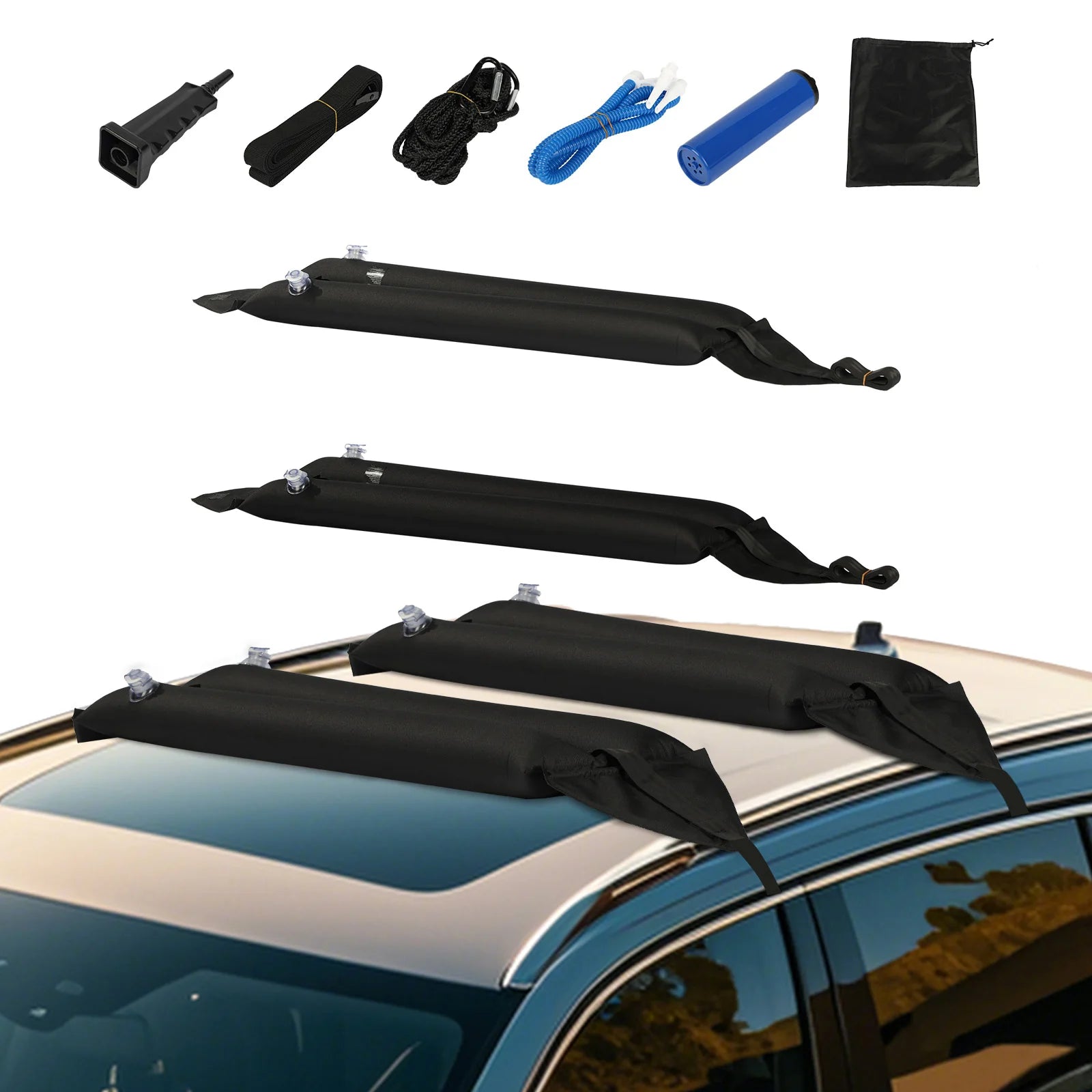 Inflatable Soft Roof Rack Bars, 37.6-Inch Universal Car Roof Rack Pads, 88LBS Loading Luggage Kayak Carrier with 2 Tie-Down Straps & Ropes, Hand Air Pump, Storage Bag for Canoes Surfboards Sups