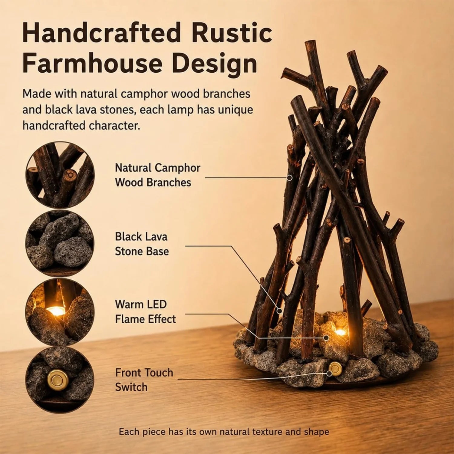 Dimmable Wooden Campfire Led Night Light, Handcrafted Forest Campfire Lamp