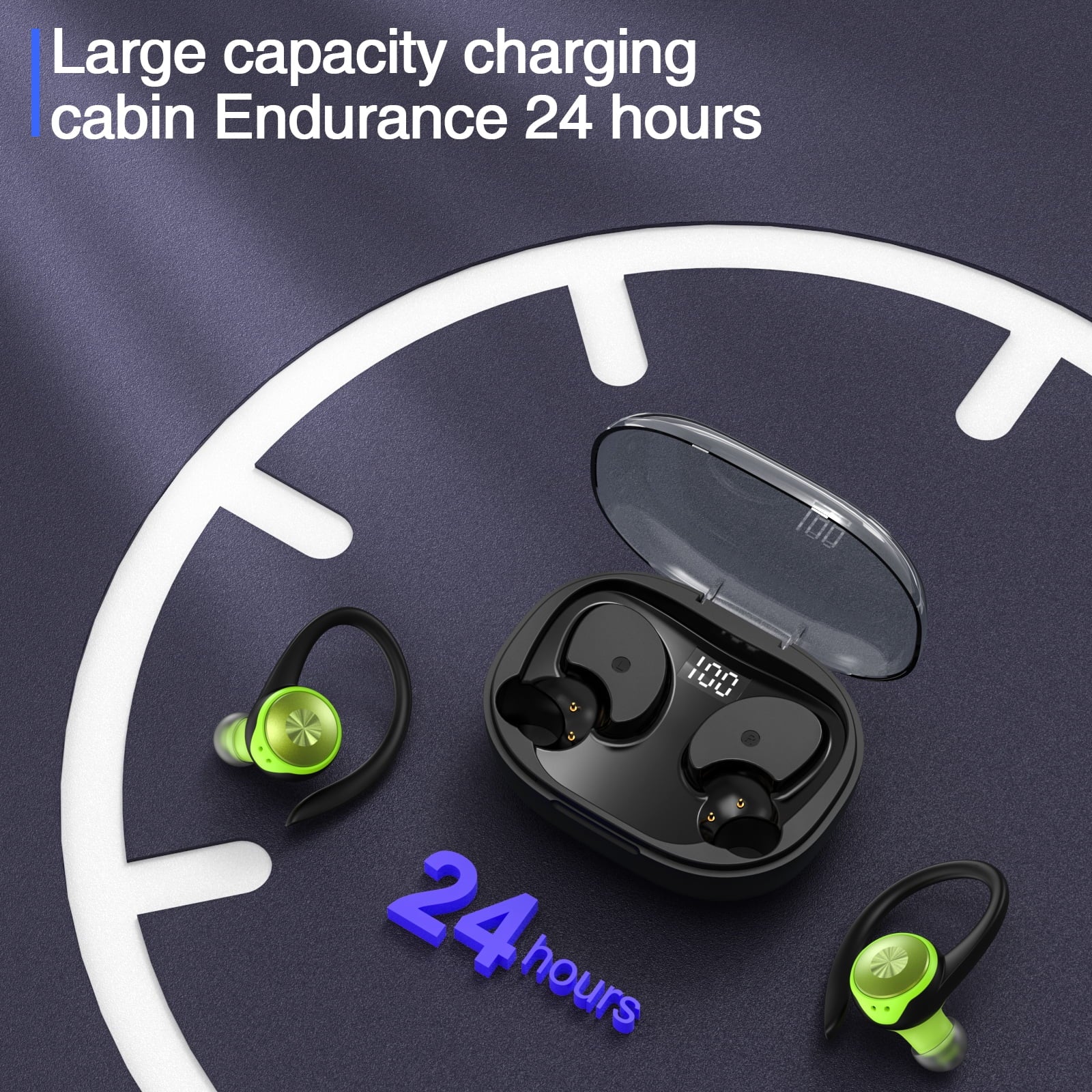 Wireless Earbuds, Bluetooth 5.3 Sports Headphones with Earhooks Stereo Deep Bass Noise Cancelling Earphones 48H Playtime LED Display IPX7 Waterproof Earbud with Mic Headset for Workout Running