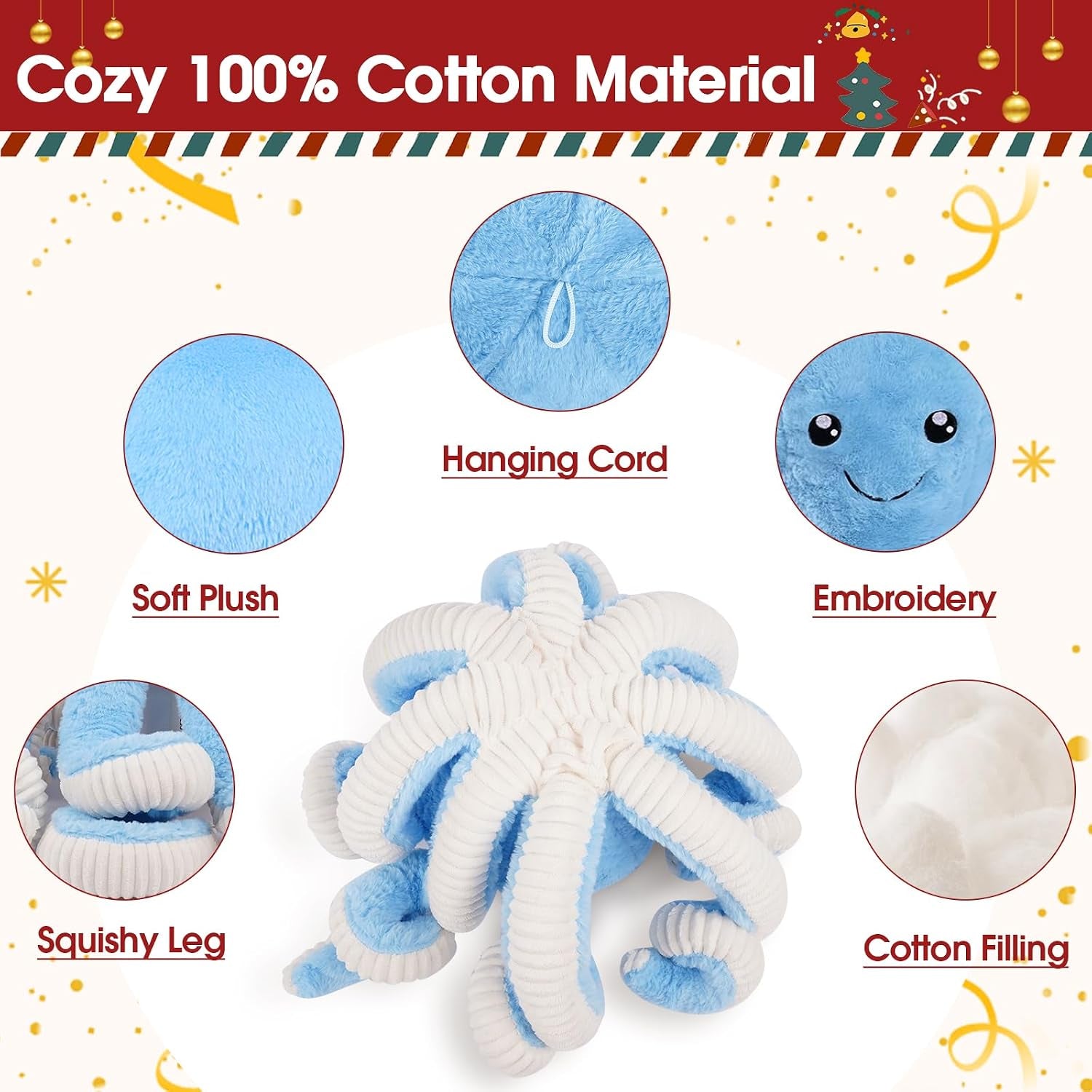 Octopus Plush Toy, Cute Stuffed Animal in 5 Colors 4 Sizes for Gift