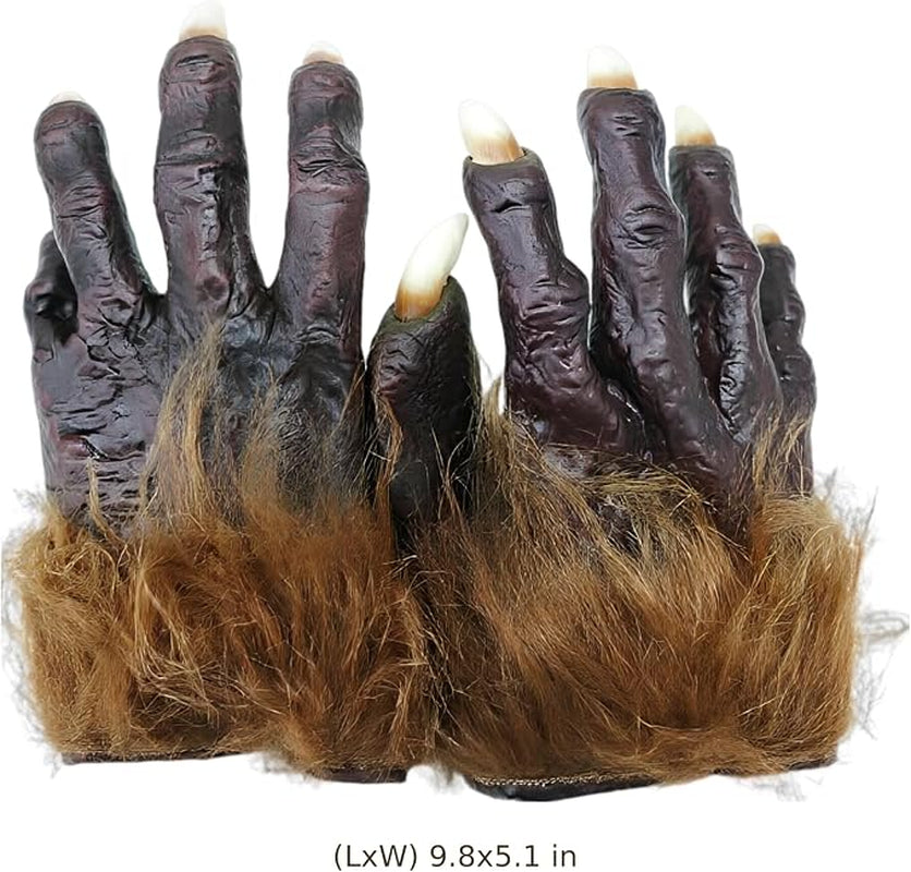Pair Halloween Werewolf Gloves, Dark Brown Furry Wolf Hand Claws, Realistic Faux Fur & Latex Nails for Costume Cosplay