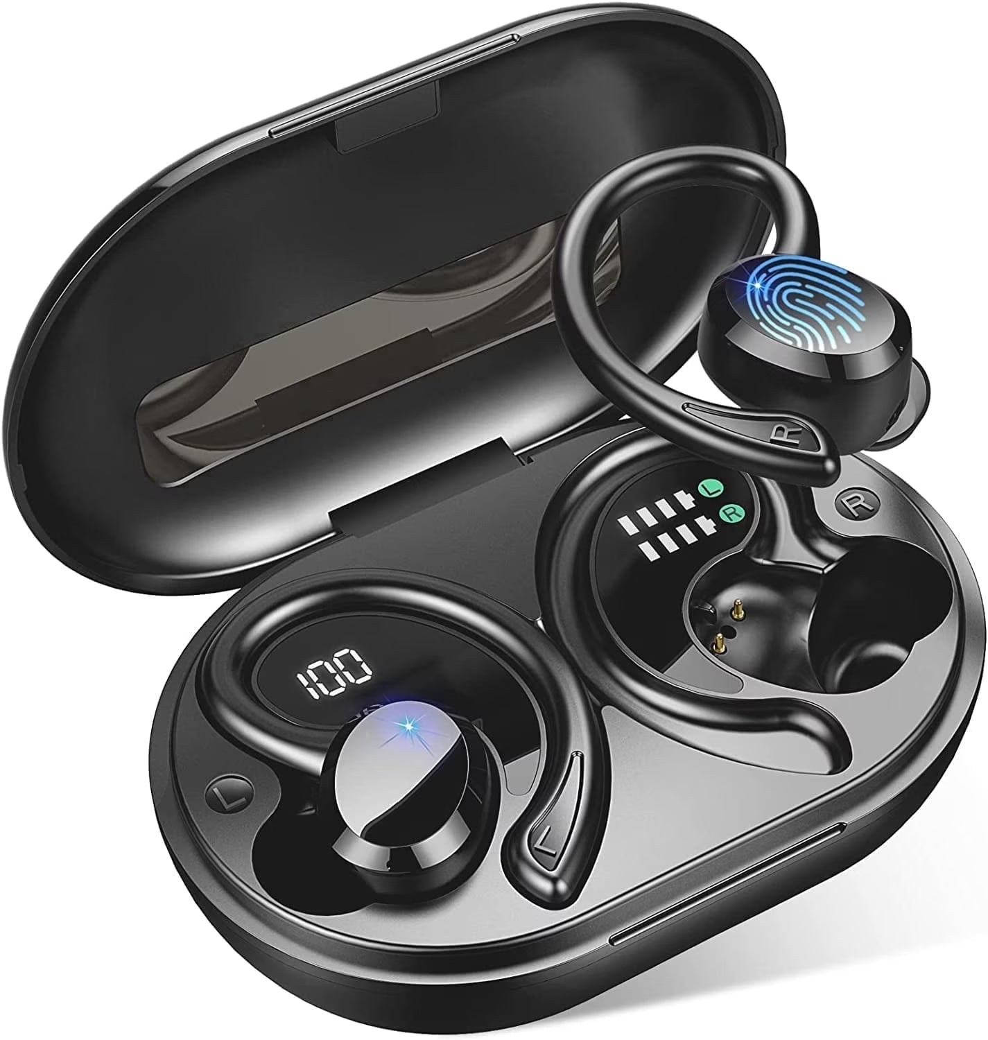 Wireless Earbuds, Bluetooth 5.3 Sports Headphones with Earhooks Stereo Deep Bass Noise Cancelling Earphones 48H Playtime LED Display IPX7 Waterproof Earbud with Mic Headset for Workout Running