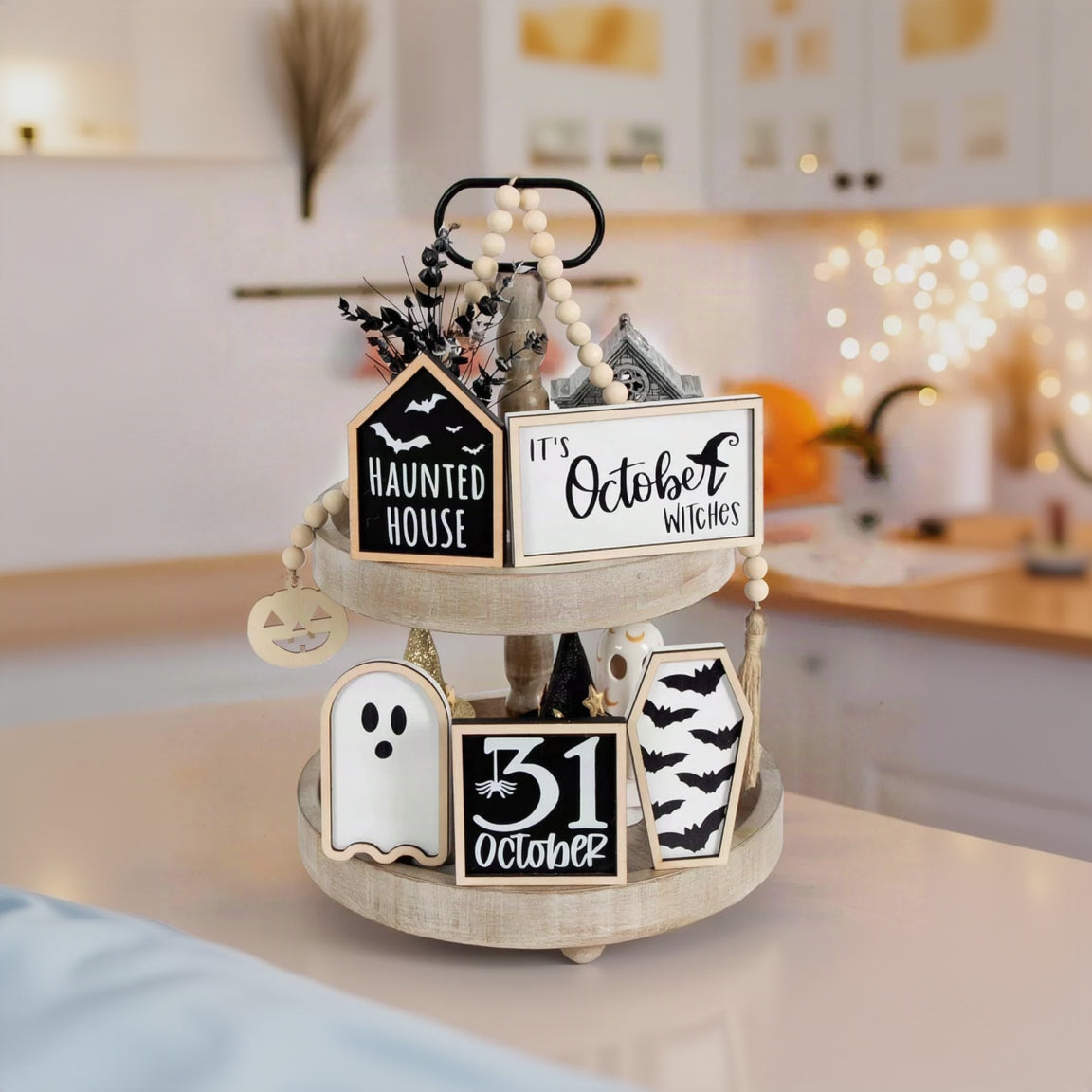 6 Pcs Halloween Tiered Tray Decorations Set Cute Halloween Wooden Signs Halloween Decorations Indoor Farmhouse Rustic Tiered Tray Decor Halloween Party Decorations