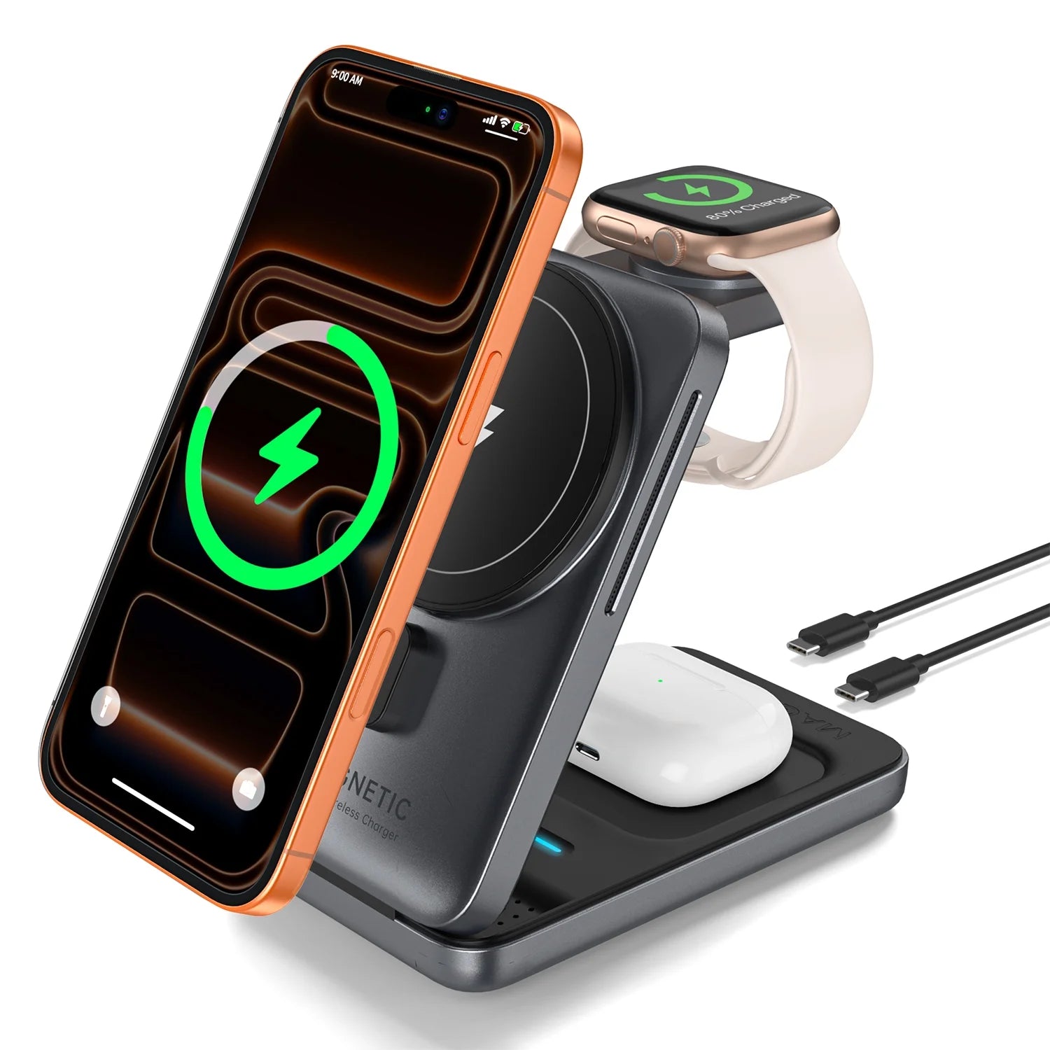 Wireless Charger for Iphone, 3 in 1 Charging Station for Iphone Devices, 15W Fast Wireless Charger Stand for Iphone 16 15 14 13 12 Pro Max, Charging Pad for Airpods 3/2/Pro, Iwatch 9/8/7/6/SE/5/4