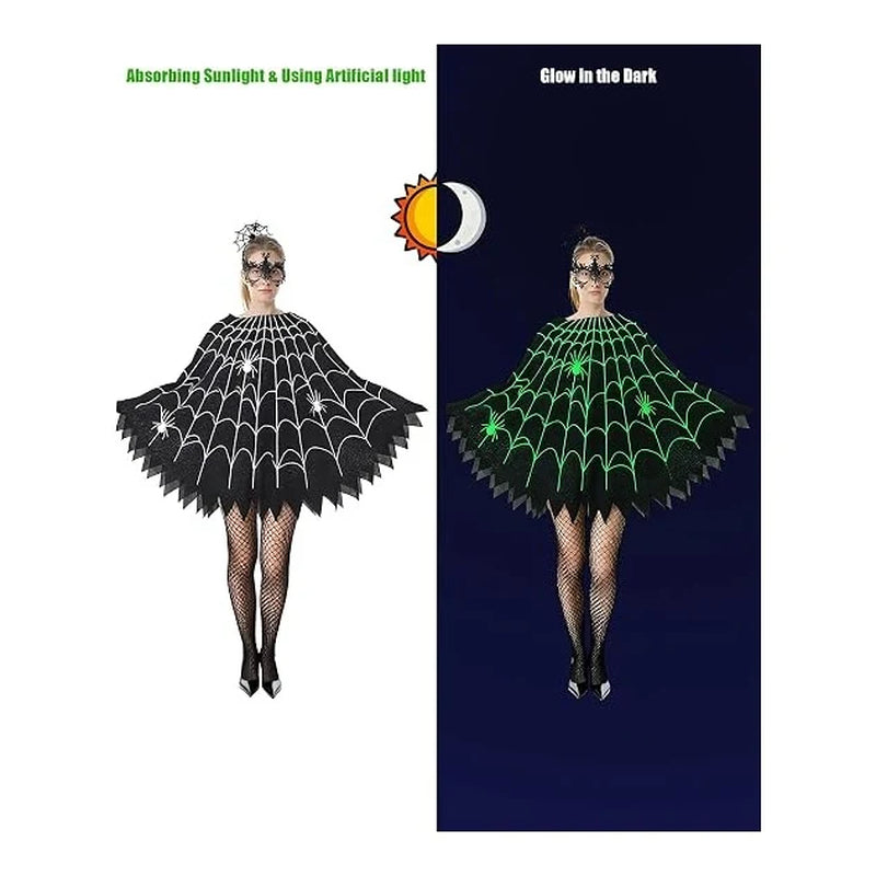 Spider Web Poncho for Women, Glow in the Dark Halloween Dress Cosplay Costume with Headband and Mask Outfit