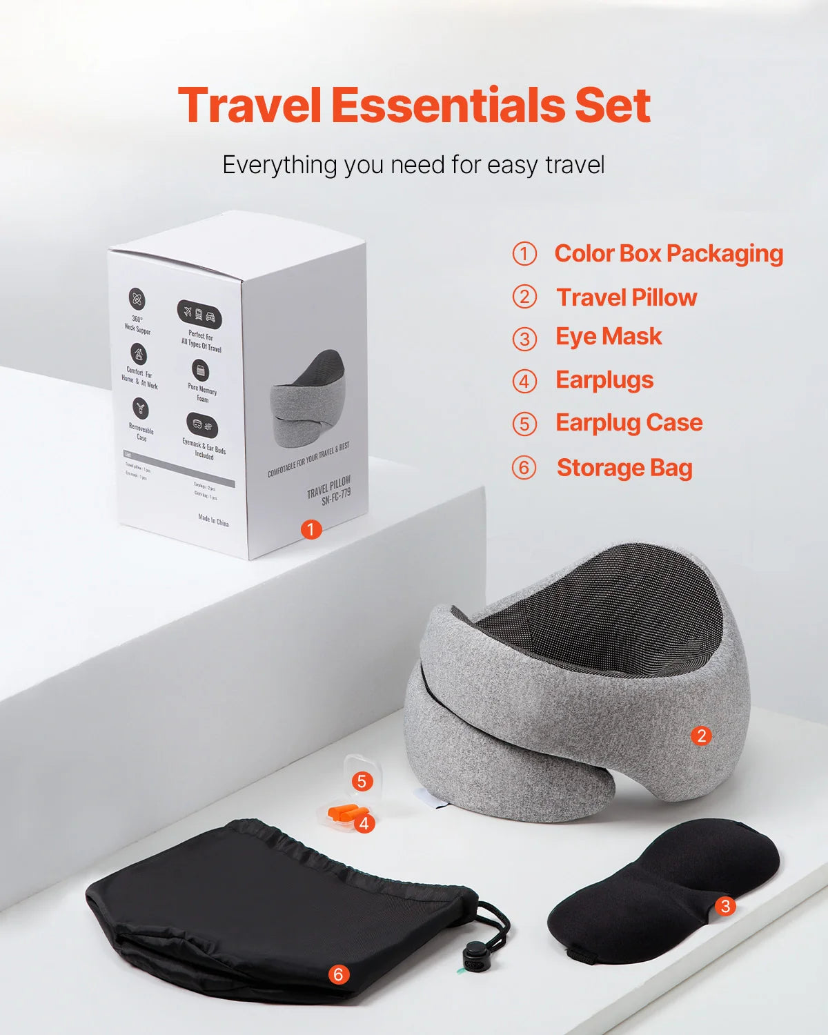 Travel Pillow, Double-Layered 3D Support Neck Pillow for Traveling, 360¡Ã Flexible Rotation Upgraded Memory Foam Travel Neck Pillow with Eye Mask, Earplugs, Earplug Case, Storage Bag(Black-Gray)