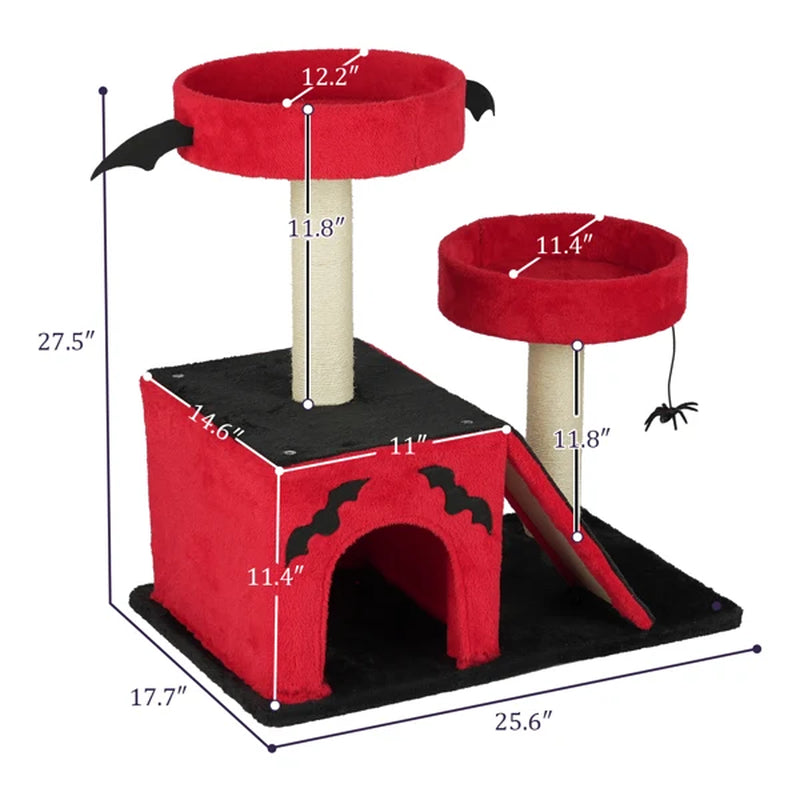Halloween Cat Climbing Frame Gothic Cat Tree, Cat Tower with Spacious Cat Condo, 2 Padded Perches, Spider Toy, Scratching Posts, Scratching Ladder for Large Cats, Red & Black