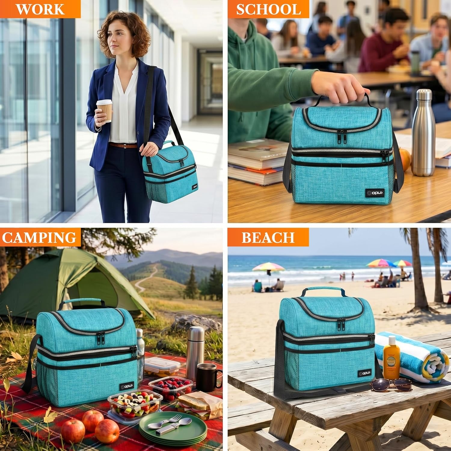 Insulated Lunch Bag for Men Women, Double Decker Leakproof, Teal Blue