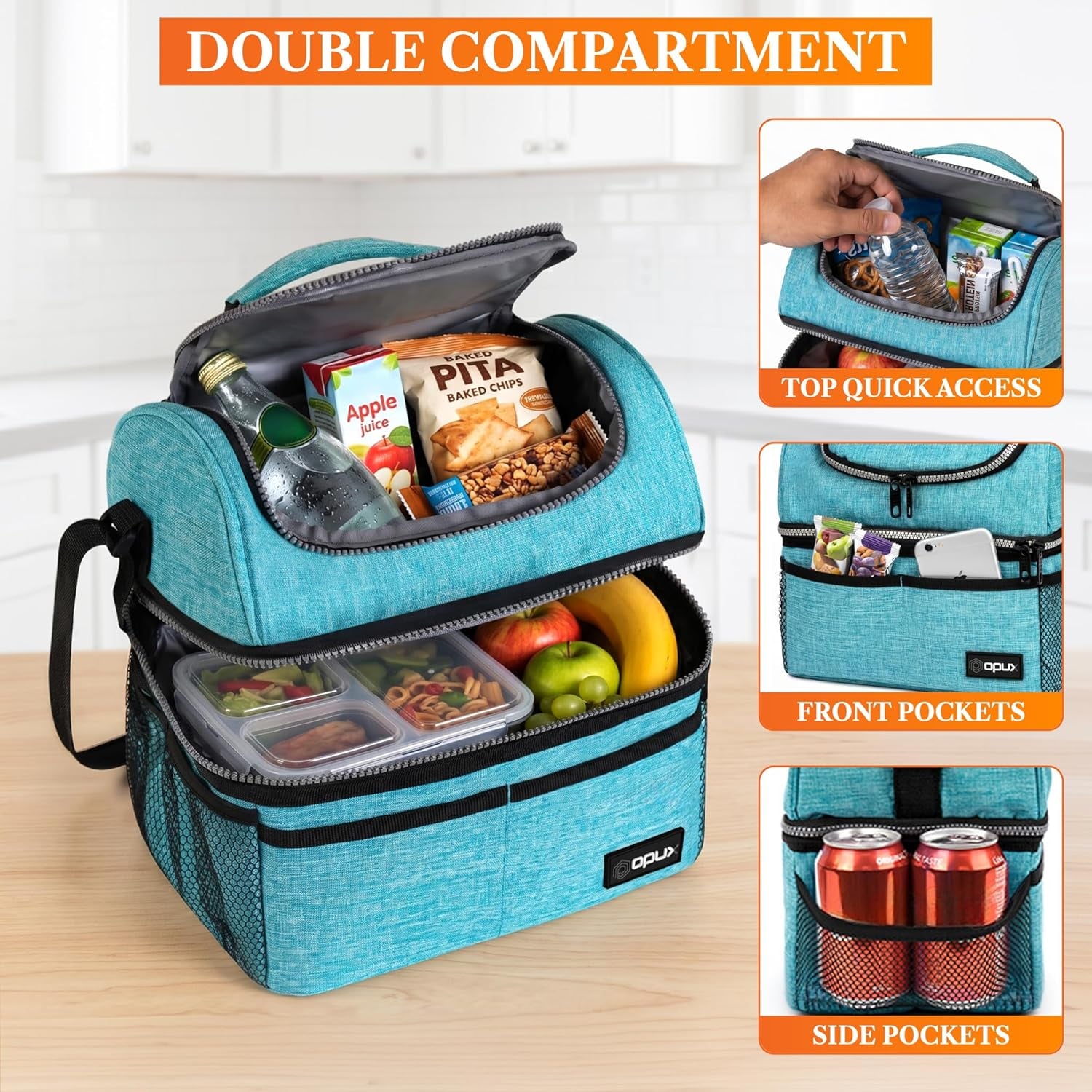 Insulated Lunch Bag for Men Women, Double Decker Leakproof, Teal Blue