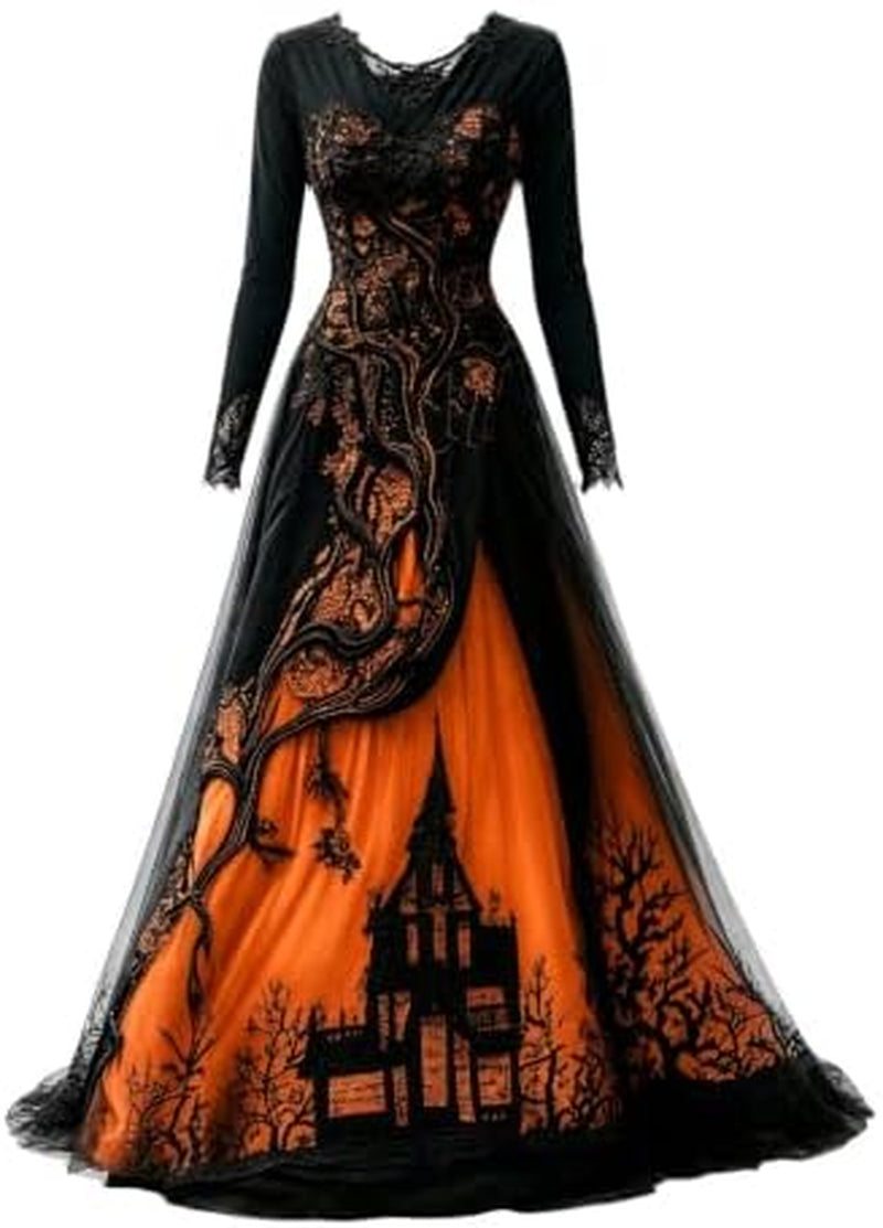 Witch Dress for Women,Halloween Vampire Costumes Treehouse Thorns Witches Gothic Maxi Mesh Dresses