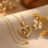 Mom Heart Necklace — 18K Gold Plated Stainless Steel, Mother & Child Pendant, CZ Stones