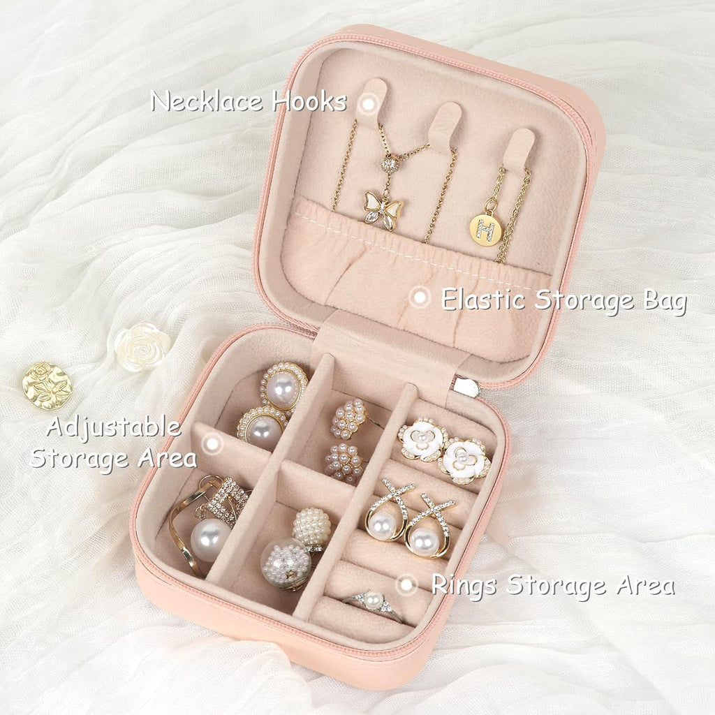 Travel Jewelry Case Small Jewelry Box Jewelry Organizer Storage Case Portable PU Leather Mini Jewelry Travel Case for Girls Womens Earring, Necklace, Rings,Bracelets (S 4, Black+Pink+White+Blue)
