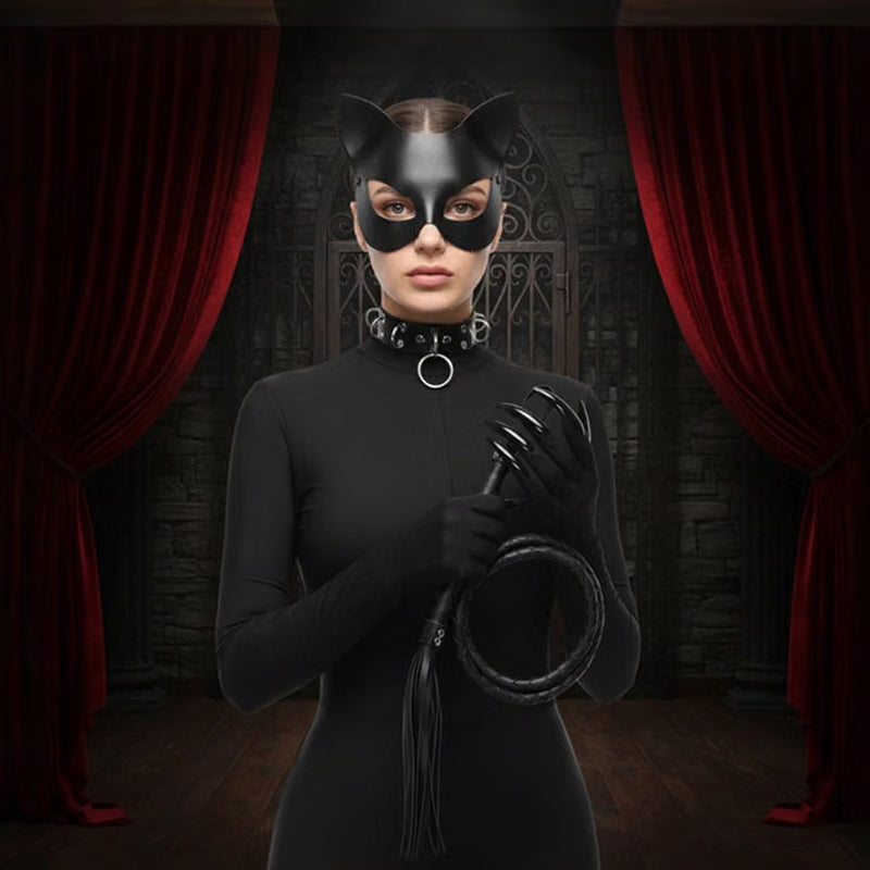 4-Piece Cat Mask Costume Set, Necklace, Whip & Luminous Halloween Gloves