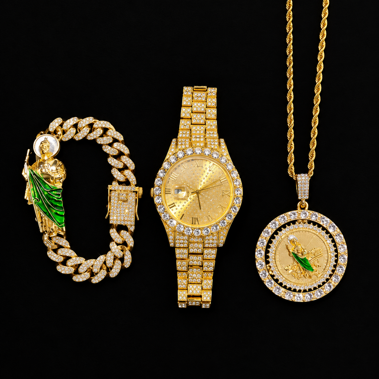Men’s Rhinestone Watch & Bracelet Necklace Set