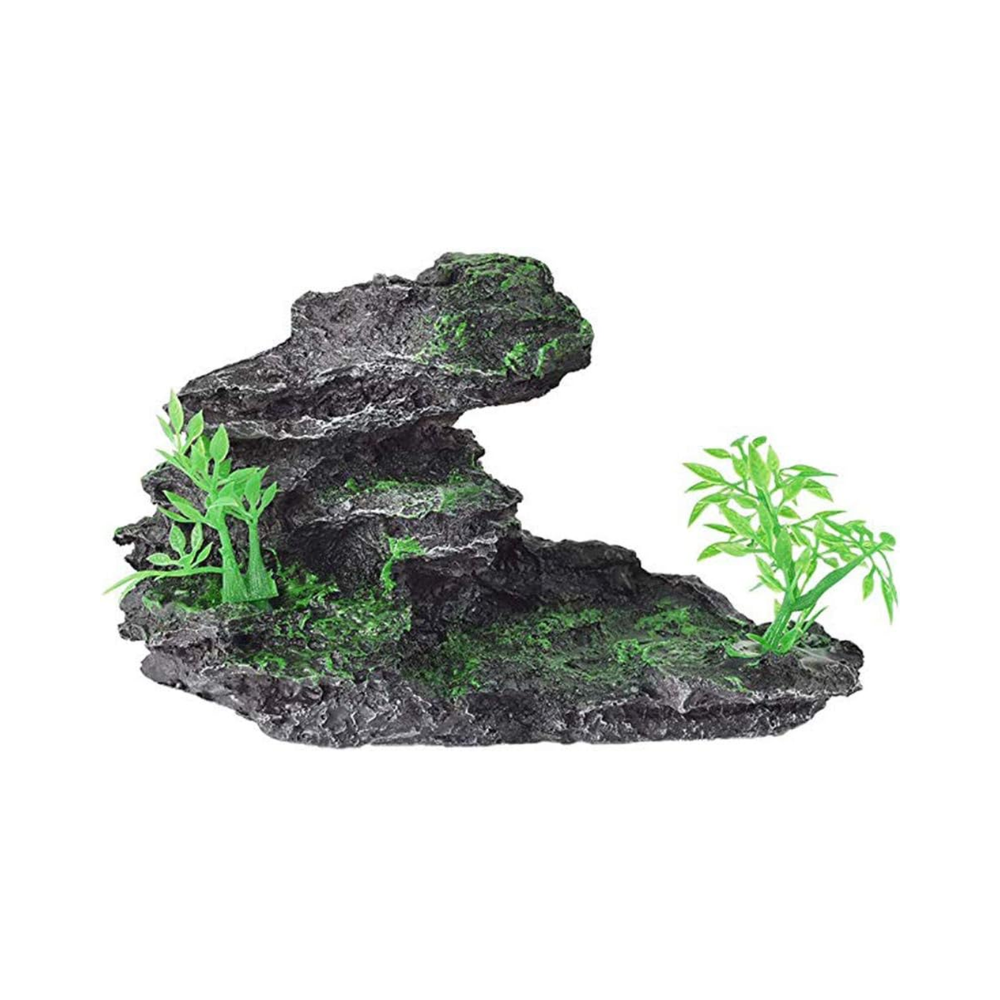 Reptile Hideout Cave with Artificial Plant & Rock – Small Terrarium Decor, Red Soil