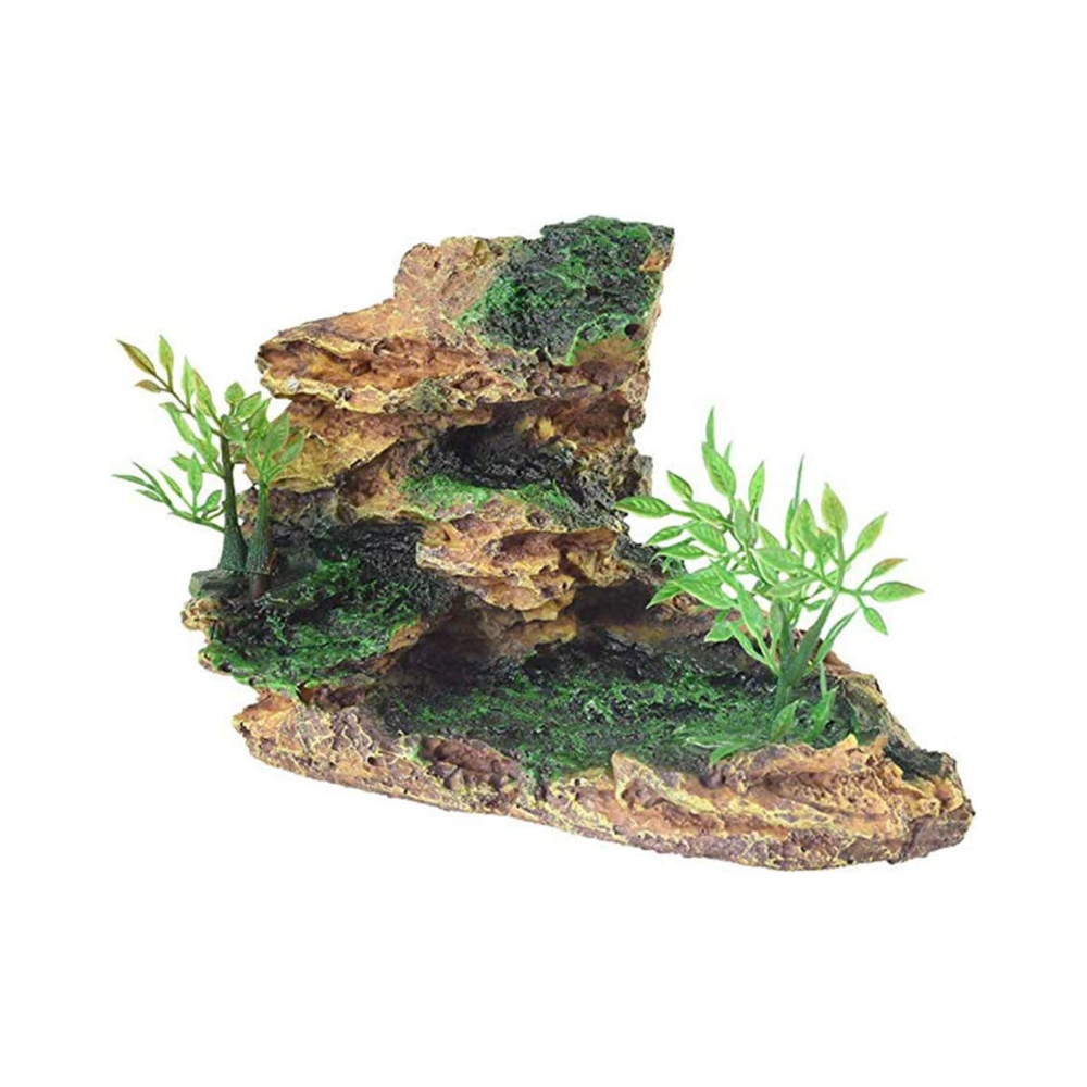 Reptile Hideout Cave with Artificial Plant & Rock – Small Terrarium Decor, Red Soil