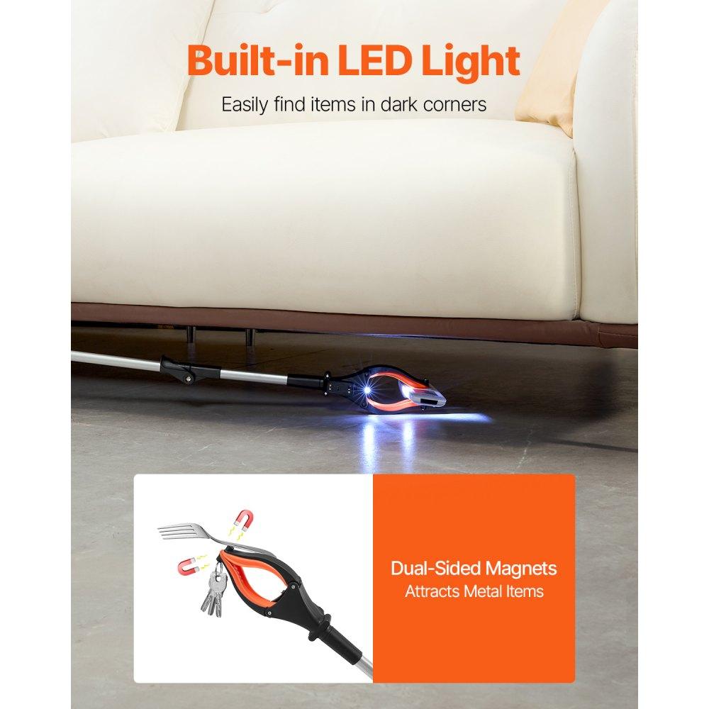 43" Foldable Reacher Grabber with LED Light & Rotating Jaw