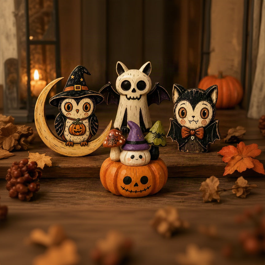 Halloween Wooden Tabletop Decor, Hand-Painted Owl Ghost Pumpkin & Vampire Cat Figurines for Shelf Mantel Party Decoration